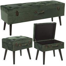 DRW Set met 3 krukken/bedladen, van hout en stof, groen, afmetingen: 120 x 41 x 51 cm, 48 x 38 x 44 cm.