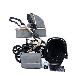 Pixini CALIFORNIA 3 in 1 Wandelwagen, Trio, Kind, Autostoel, Accessoires (Goud/Grijs)