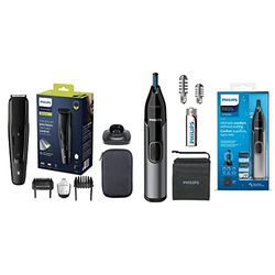 Philips UK Beard & Stubble Trimmer/Hair Clipper for Men, Series 5000, 40 Length Settings, UK 3-Pin Plug, BT5515/13, Black & Series NT3650/16 3000 Battery-Operated Nose, Ear and Eyebrow Trimmer,Grey