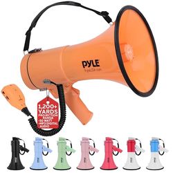 Pyle 50W Megaphone Bullhorn - Portable, Automatic Siren & Adjustable Volume,Projection Range Up to 1200 Square Yards, Aux Input, Talk, Siren, Music, Whistle, & Record, Shoulder Strap (Orange)