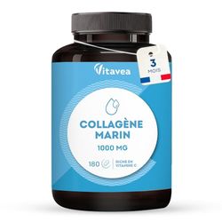 Collagène Marin 1000mg Type 1 et 3-180 comprimés - Peptide de Collagène Marin Hydrolysé, Vitamine C, Sélénium - Peau Hydratée & Articulations Souples - 3 mois - Fabriqué en France - Vitavea