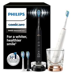 Philips Sonicare DiamondClean 9000 spazzolino elettrico, confezione doppia, spazzolino sonico con app, sensore di pressione, 4 modalità di pulizia, bicchiere di ricarica, nero e oro rosa, HX9914/61
