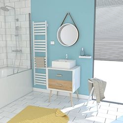 AURLANE Meuble Salle DE Bain SCANDINAVE Blanc Bleu ET Bois Naturel 60 CM avec TIROIR, Vasque A Poser