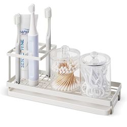 MYITYARD Toothbrush Holder for Bathroom, Metal Countertop Electric Toothbrush Holder with Toothpaste Holder and Cup Storage Organizer, Bathroom Accessories Removable Drain Tray, White