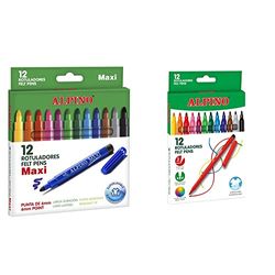 Alpino Título 12 Rotuladores Maxi de Colores | Rotuladores de Punta Gruesa de 6mm para Colorear + 12 Rotuladores de Colores | Rotulador de Punta Resistente de 3mm para Colorear