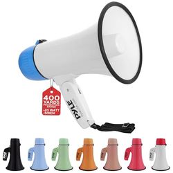 Pyle 20W Megaphone Bullhorn - Portable, Automatic Siren & Adjustable Volume,Projection Range Up to 400 Square Yards, Aux Input, Talk, Siren, Music, Whistle, & Record, Shoulder Strap (White-Blue)