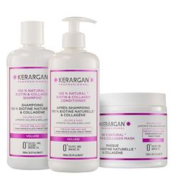 Kerargan - Trio Volumizzante Shampoo, Balsamo & Maschera alla Biotina & Collagene per Capelli Piatti, Sottili e Spenti - Senza Solfati, OGM, Silicone, Olio Minerale - 3x500ml+1x100ml