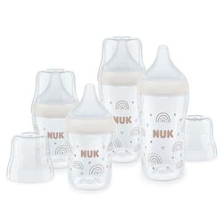 NUK Perfect Match Zestaw butelek dla niemowląt, 3+ miesięcy, pasuje do podniebienia dziecka, kontrola temperatury, odpowietrznik antykolkowy, 150 ml i 260 ml, bez BPA, silikonowy smoczek, tęczowy, 4