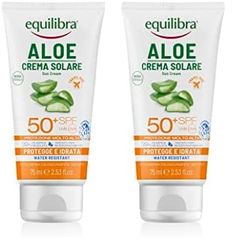equilibra Solari, Aloe Crema Solare SPF 50+ Travel Size, con Aloe Vera, Vitamina C ed E, Olio di Argan, Olio di Cocco e Burro di Karité, Per un'Abbronzatura Sana e Naturale, Water Resistant, 75ml