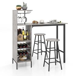 FANTASK 10669JV-GR, stół barowy, uchwyt na kieliszki do wina, zestaw z uchwytami, stół kuchenny, blat kuchenny, stołek barowy, szary, 120 x 40 x 121,5 cm