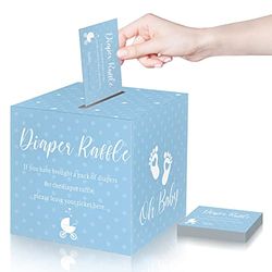 Funrous 50 boletos de rifa de pañales con caja para baby shower, invitaciones de juego, tarjeta de rifa de pañales para revelación de género, decoración de fiesta de baby shower, centro de mesa, trae