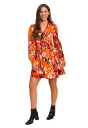 Liquorish Abstracte Print Mini Wrap Jurk met Lange Mouwen in Oranje, Oranje, 32