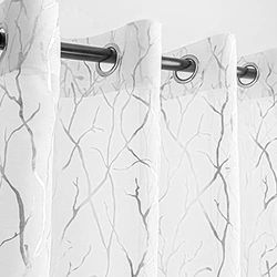 Kotilträd fönstergardiner för sovrum – metallisk silverfolie gren vita genomskinliga gardiner 152 cm längd genomföring topp gardin 2 paneler för barnkammare, 132 x 153 cm, 1 par, silver och vit