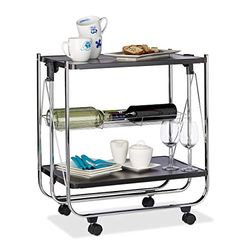 Relaxdays Garçonete dobrável para cozinha com 4 rodas, cesto de grelha e 2 bordas, aço, preto, 68,5 x 68 x 40,5 cm, 5 cm