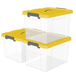 Cetomo 65L* 3 Plastic Opbergdoos, Tote doos, Transparante Organiserende Container met Duurzaam geel Deksel en Veilige Klink Gespen, Stapelbaar en Nestable, 3Pack