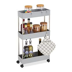 Relaxdays Estantería con Ruedas, 3 Baldas, 70 x 15,5 x 40,5 cm, Carrito Estrecho para Baño y Cocina, 4 Ganchos, Gris