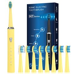 Brosse à Dent Électrique Sonique pour Adultes Enfant - Brosse A Dent avec 8 Têtes, 5 Modes, 3 Heures Charge et Utilisation 60 Jours, Brosses à Dents Ultrasoniques, Jaune