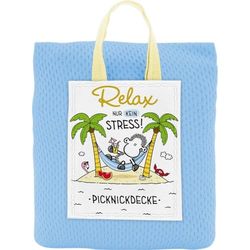 Sheepworld Manta de picnic con texto en inglés Relax | Manta de pícnic, color azul oscuro, 110 cm x 140 cm, pequeña funda protectora con asa, regalo, cumpleaños, viajes | 74131