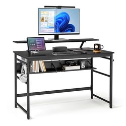 Mondeer Bureau d'Ordinateur, Table de Bureau avec Support de Moniteur Long et 2 Étagères Rangement, Gain d’Espace pour Bureau et Salle d‘Etude, 120 x 60 x 90 cm, Noir