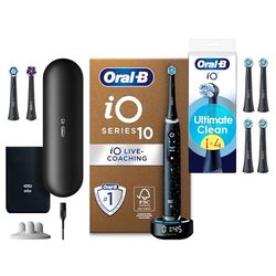 Oral-B Spazzolino Elettrico iO 10 Nero con 3 Testine + 4 Testine Oral B di Ricambio iO Series Ultimate Clean Nere, 5 Ricambi Spazzolini Elettrici, Custodia da Viaggio