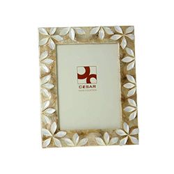 DRW - Cadre photo en nacre pour photo de 10 cm x 15 cm avec fleurs de couleur blanche et beige