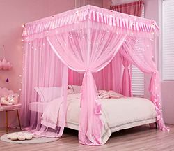 Mengersi sänggardiner queen size, sänghimmel för flickor prinsessäng baldakiner draperi myggnät - sovrumsdekor, rosa