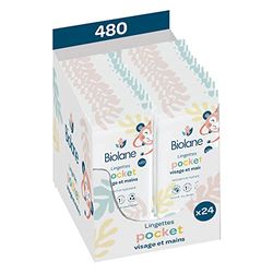 BIOLANE - Verpakking met 24 zakdoeken voor gezicht en handen, baby, 480 doekjes (24 x 20 cm), reinigt en beschermt de gevoelige huid, 97% natuurlijke ingrediënten, gemaakt in Frankrijk