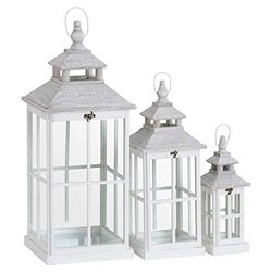 Hill 1975 Set of 3 White Window Style Lanterns with Open Top, Glass, Wood, Mixed, one