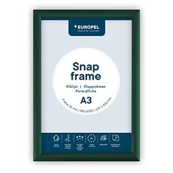 EUROPEL lightweight Snap frame A3, Green, Profile 25x11 mm, Anodized aluminum, anti-reflective protector, External dimensions 328x451 mm, Grey polystyrene back