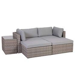 greemotion Lounge Giardino Palma, Set mobili Giardino polyrattan 2 poltrone angolari 2 sgabelli e Tavolo con Piano in Vetro temperato con Cuscini, Grigio