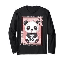 Kawaii Panda Boba Anime Panda Bear Loving Bubble Tea Neko Maglia a Manica