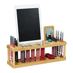 relaxdays 10026128 Organiseur à cosmétiques avec Miroir, Bambou, Maquillage, Bureau, HLP 20,5x36x10 cm, 17 Compartiments, Naturel