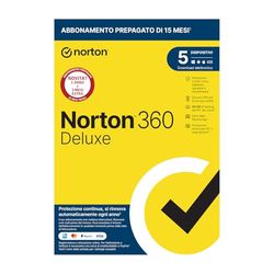 Norton 360 Deluxe 2024, Antivirus per 5 dispositivi, Licenza di 15 mesi con rinnovo automatico, PC, Mac, tablet e smartphone