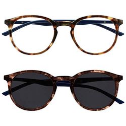 Opulize Met Twin Pack Reading Glasses with Sun Reader Large Round Brown Navy Blue Mens Womens Spring Hinges RS60-2 +2.00