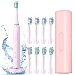 COULAX Spazzolino elettrico sonico da viaggio, spazzolino elettrico sonico, ricarica wireless, spazzolino elettrico con 8 testine (rosa)
