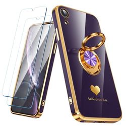 Nonional Custodia compatibile con iPhone XR con 2 pellicole proteggi schermo, supporto ad anello girevole a 360° [motivo a cuori di lusso] custodia morbida sottile placcata oro per iPhone XR - viola
