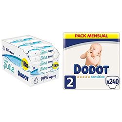 Dodot Aqua Pure Lingettes pour bébé, 99% d'eau, 864 lingettes, 18 paquets (18 x 48) & Sensitive - Couches pour bébé Talla 2 (240 Unidad)