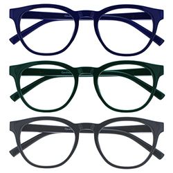 OPULIZE Blu Gafas de Lectura con Bloqueo de Luz Azul Pack de 3 Montura Redonda Azul Verde Gris Bisagras de Muelle Mejoran el Sueño Ordenador Gaming Antirreflejante Hombre Mujer BBB5-367 +1.50