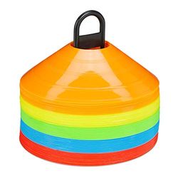 Relaxdays markeerschijven, set van 50 stuks, 5 kleuren, trainingshoedjes voor voetbal, houder, verschillende kleuren