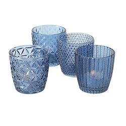 Boltze Ensemble de photophores Marilu 4 pièces (bleu, verres décoratifs pour bougies / chauffe-plats, porte-bougies Ø 8 cm, motifs variés, forme ronde, support pour chauffe-plat) 1020523