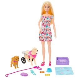 Barbie Muñeca Rubia paseadora de Perro con Silla de Ruedas extraíble, con 2 Mascotas y Accesorios, Juguete +3 años (Mattel HTK37)