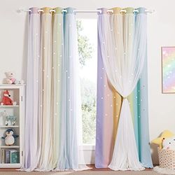 NICETOWN Gordijn voor kinderkamer, met inslagringen, set van 2 verduisteringsgordijnen met holle sterren en voile, decoratieve gordijnen voor meisjes, 260 x 132 cm (h x b), regenboog-2