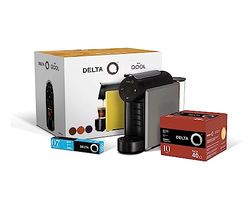 Delta Q MiniQool - Confezione di caffettiera a capsule automatica - Serbatoio con capacità di 7 capsule - Include 1 x 40 capsule di caffè Qalidus + 1 x 10 capsule di DeQafeinatus - Grigio