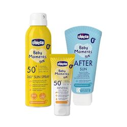 Chicco Set Protezione Solare da Viaggio, Spray SPF50+ 150ML,Crema Solare Minerale SPF50+ 75ML e Latte Doposole Rinfrescante 150ML,per Pelle Sensibile del Bambino, Resistente all'Acqua, 0 Mesi+