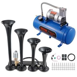 VEVOR Set van 4 trompettoeters, 150 dB, met luchtcompressor, 90-120 psi, 6 l, luchthoorn, universeel, 12 V, voor alle voertuigen, treinen, boten, auto's