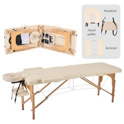 YOUNIKE Lettino Massaggio Portatile Pieghevole a 2 Zone in Legno Faggio 186x60 cm per Fisioterapia Portata 250 kg Altezza Regolabile Poggiatesta e Braccioli Rimovibili con Sacchetto per Polvere Beige