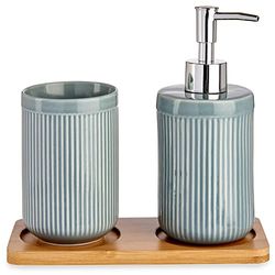 SET ACCESORIOS BAÑO CERÁMICA BANDEJA BAMBÚ