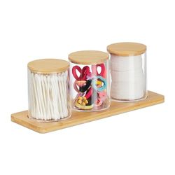 Relaxdays Contenedor de hisopos de algodón Organizador de Maquillaje Triple con Bandeja, 3 Contendores con Tapa, Plástico y Bambú, Transparente y Natural, 10 x 27 x 9 cm