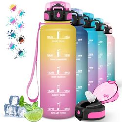 Borraccia, Borraccia 1,5 litri, Borraccia Palestra Senza Perdite, Bottiglia con Cannuccia per Adulti, Facile da Trasportare, Borraccia con Orari per Bere, per Ciclismo, Yoga, Trekking, Giallo-Rosa