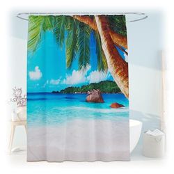 Relaxdays douchegordijn palmbomen, badgordijn 180x200, anti-schimmel, wasbaar, 12 ringen, badkamer gordijn, meerkleurig